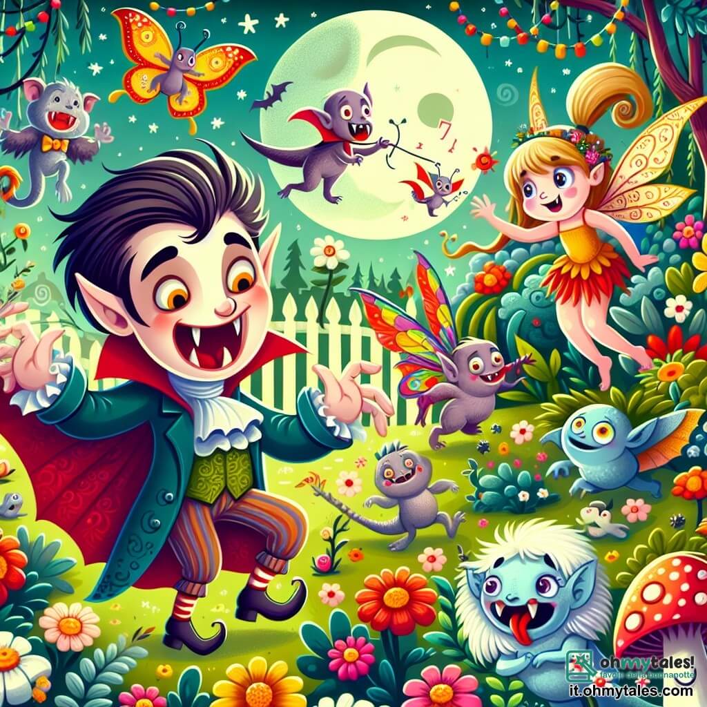 Une illustration destinée aux enfants représentant un vampire farfelu découvrant un monde fantastique peuplé de créatures rigolotes, accompagné d'un folletto espiègle, dans un jardin enchanté aux couleurs vives et aux fleurs lumineuses.