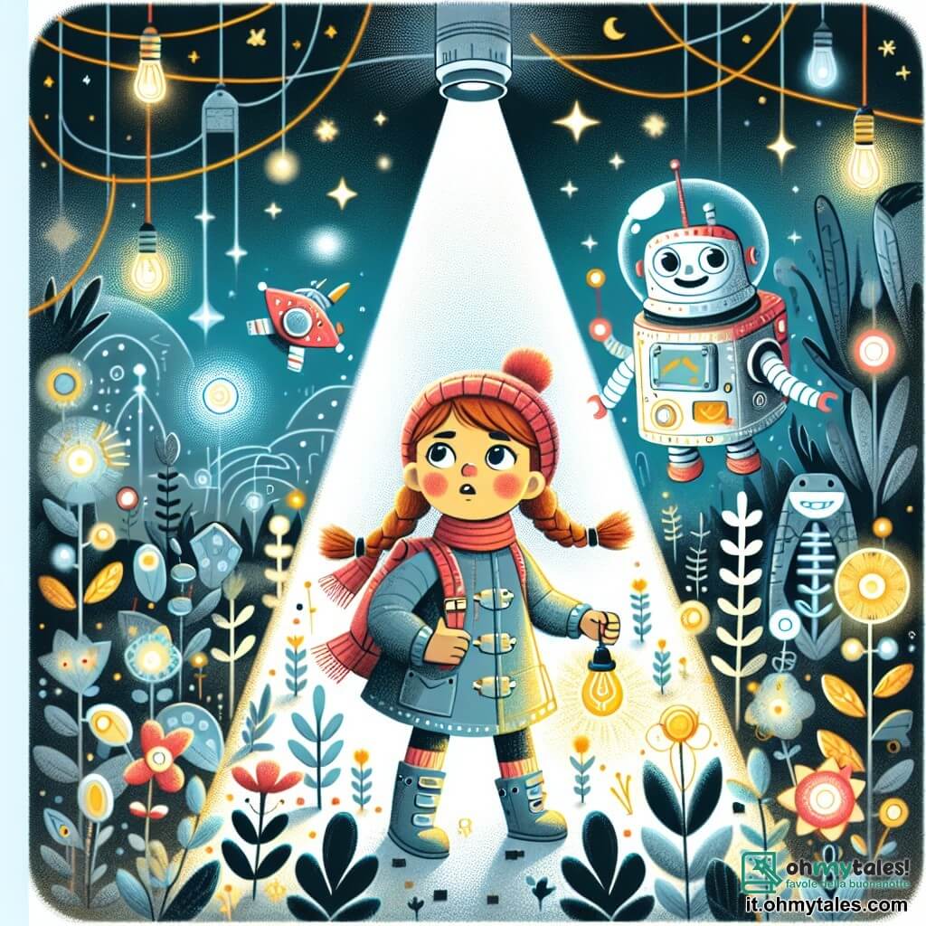 Une illustration destinée aux enfants représentant une fille curieuse se retrouvant dans un monde futuriste après avoir traversé une mystérieuse lumière, accompagnée d'un robot souriant, dans un jardin rempli de plantes luminescentes et de machines volantes.