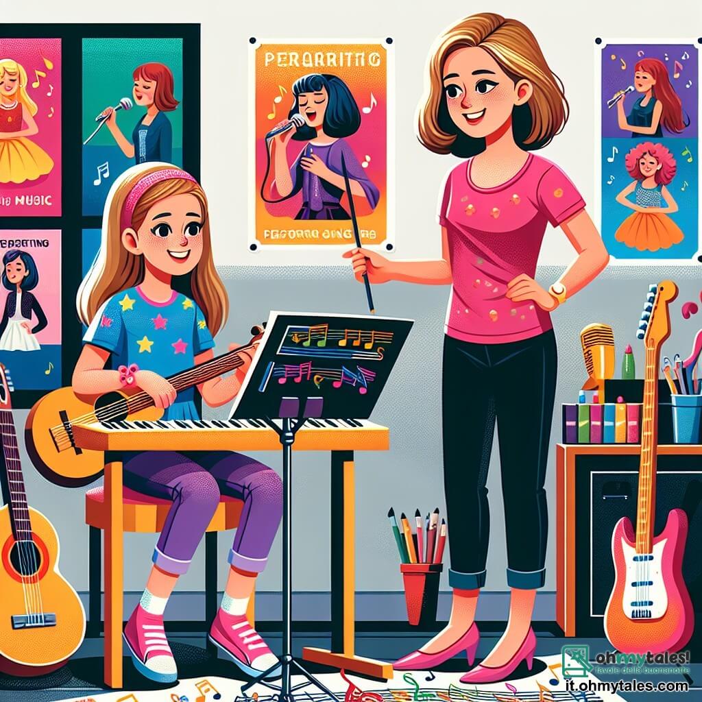Une illustration destinée aux enfants représentant une jeune fille passionnée de musique, se préparant à un concours musical avec le soutien encourageant de sa mère, dans une chambre colorée remplie de notes de musique, d'instruments et de posters de chanteurs célèbres.