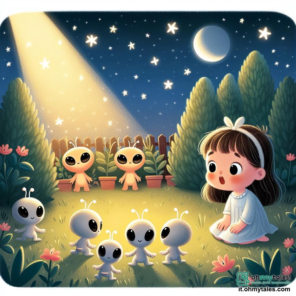 Une illustration destinée aux enfants représentant une petite fille émerveillée par la rencontre d'adorables extraterrestres dans son jardin illuminé par la lueur des étoiles.
