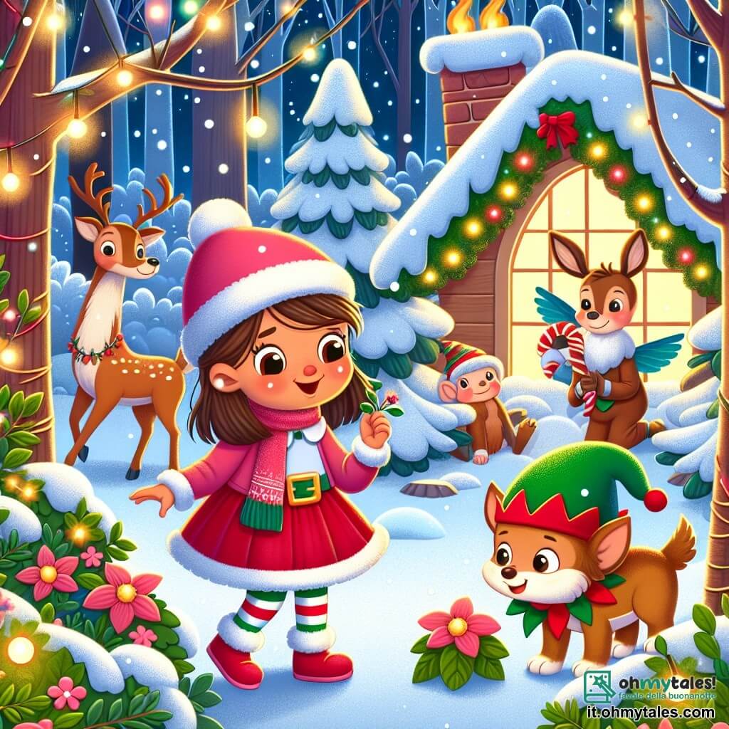 Une illustration destinée aux enfants représentant une fillette curieuse découvrant un elfe de Noël dans son jardin enneigé, accompagnée de son fidèle chien, entourés d'arbres illuminés et de rennes joyeuses dans une forêt magique.