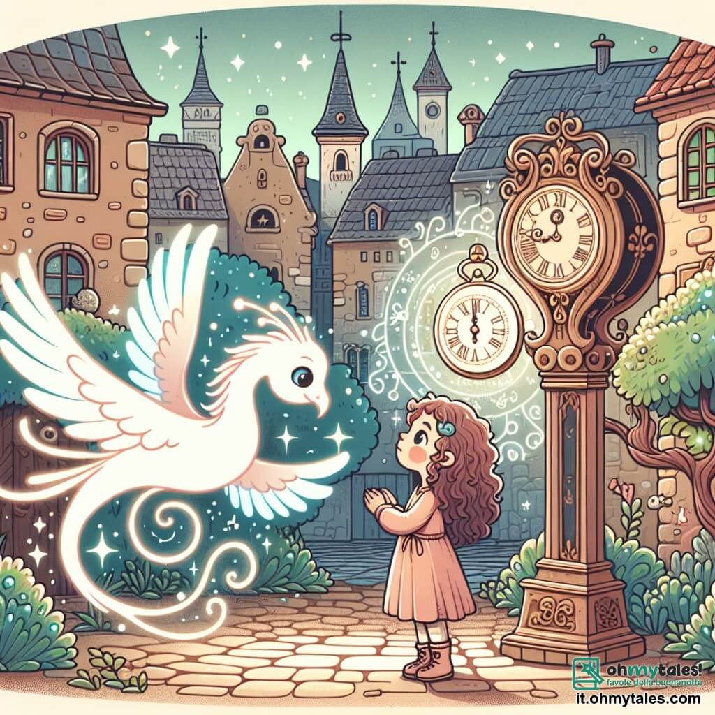 Une illustration destinée aux enfants représentant une fille aux cheveux bouclés, émerveillée devant un vieux orologio magique, accompagnée d'une créature ailée lumineuse, dans une ville ancienne aux rues pavées bordées de maisons en pierre et d'arbres centenaires.