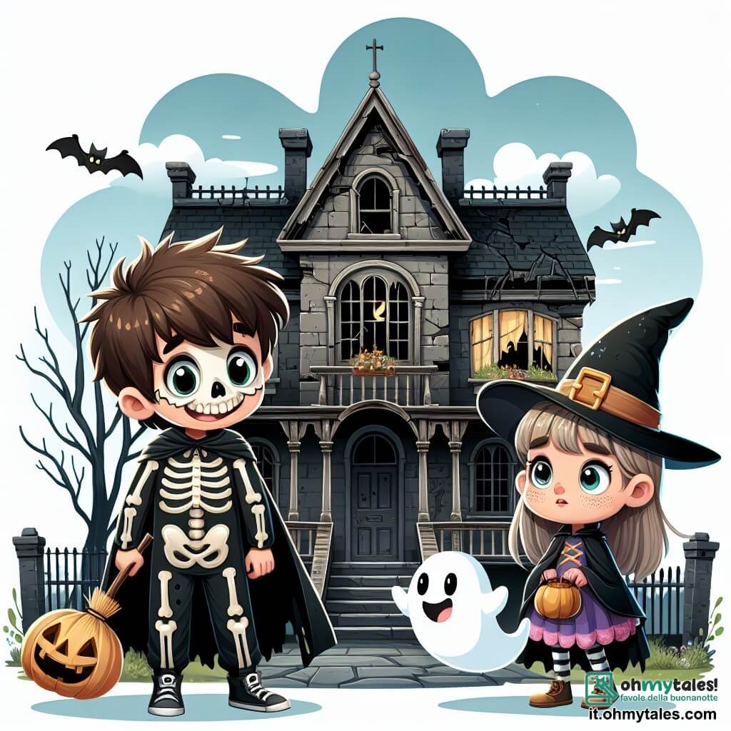 Une illustration sous forme de dessin destinée aux enfants représentant une vieille villa hantée, aux fenêtres brisées et au jardin en désordre, où un garçon de 11 ans, avec des cheveux bruns en bataille et un costume de squelette qui brille dans la nuit, se tient avec un sourire d'excitation, tandis qu'à ses côtés, une fille de 11 ans, déguisée en strega avec un chapeau pointu et une balai en bois, regarde avec curiosité un petit fantôme amical flottant devant eux, alors qu'ils s'apprêtent à entrer dans la maison pour vivre une aventure magique d'Halloween.