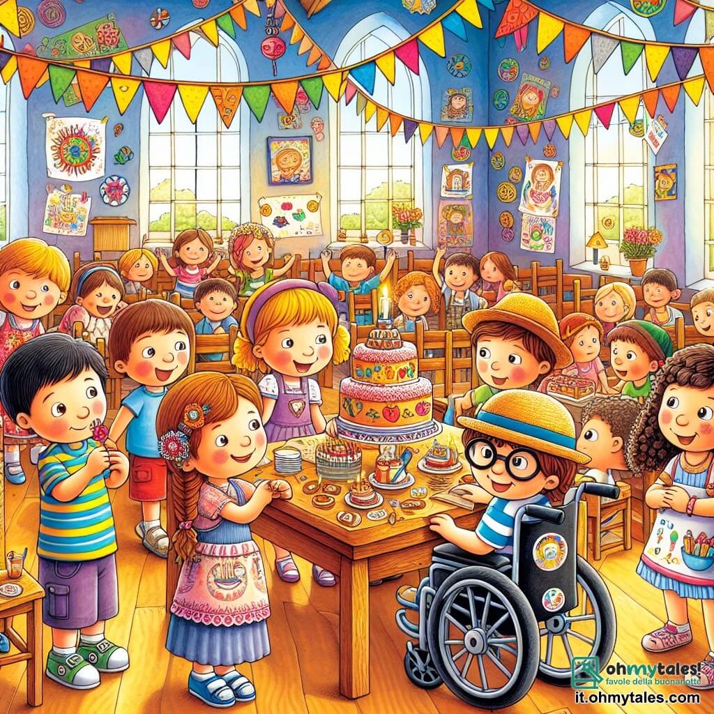 Illustrazione che rappresenta una scena vivace all'interno di un oratorio caldo e accogliente. Le pareti sono dipinte con colori vivaci, decorate con disegni di bambini e ghirlande di carta. Al centro, un grande tavolo di legno è carico di dolci e bevande, mentre un gruppo di bambini gioca allegramente intorno. Un ragazzo di circa 10 anni, con capelli castani e ricci, sorride ampiamente tenendo un cartello colorato che annuncia l'evento. Accanto a lui, una ragazza di 9 anni, con capelli ricci e un cappello di paglia, distribuisce volantini ai visitatori. Un altro ragazzo, di circa 11 anni, con occhiali e una maglietta a righe, ride raccontando una barzelletta a un gruppo di bambini. Infine, una ragazza di 10 anni, seduta in una bella sedia a rotelle decorata con adesivi, osserva con un sorriso benevolo, circondata dai suoi amici. La scena principale mostra questi bambini uniti, che lavorano insieme per organizzare una festa comunitaria, con volti che brillano di gioia ed eccitazione, illustrando lo spirito di solidarietà e aiuto reciproco. Sullo sfondo, famiglie e adulti discutono, creando un'atmosfera di convivialità e condivisione, mentre palloncini colorati fluttuano nell'aria, aggiungendo un tocco festoso alla scena.