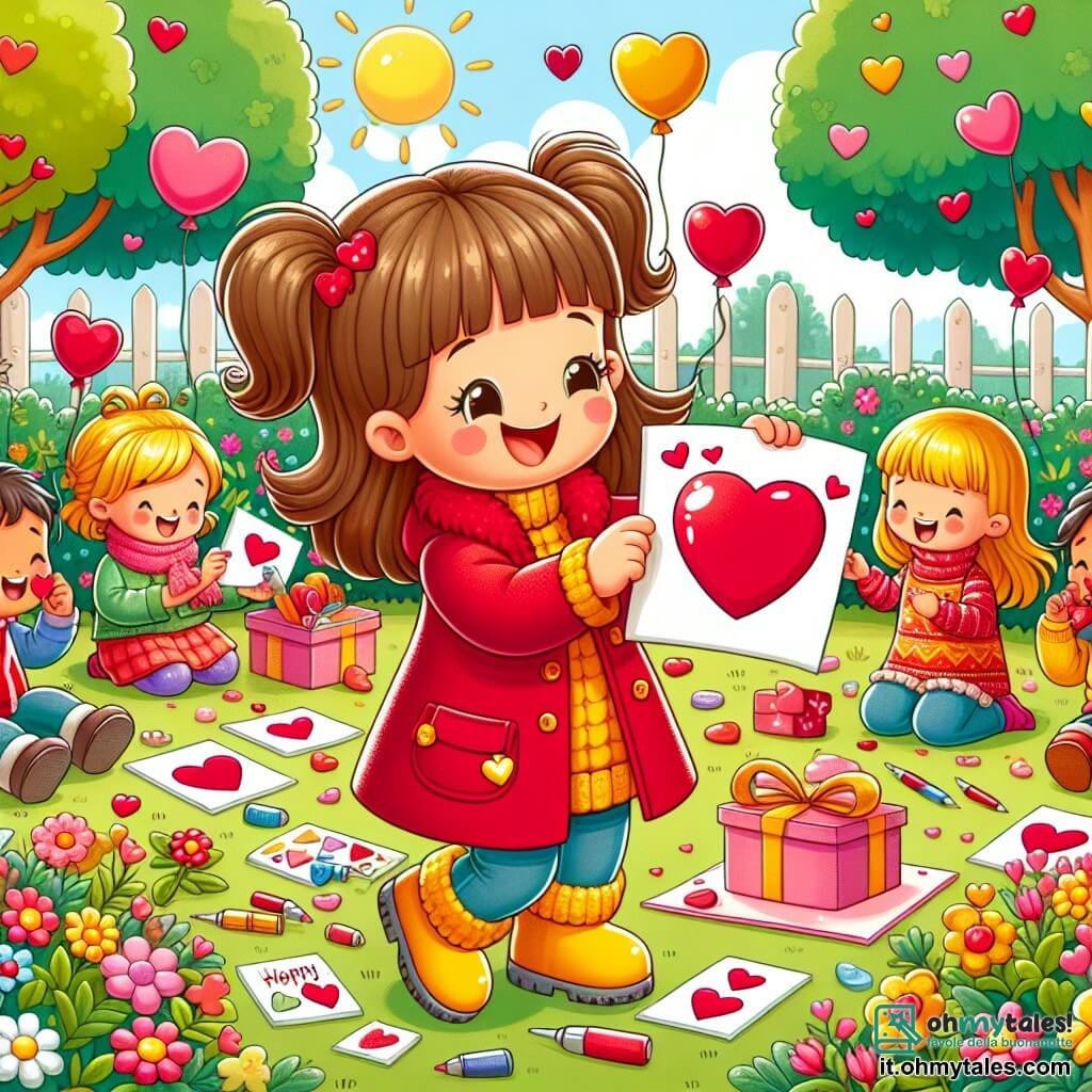Une illustration sous forme de dessin destinée aux enfants représentant un parc ensoleillé, rempli de fleurs colorées et d'arbres verdoyants, où une petite fille de 5 ans aux cheveux bruns en deux couettes, portant un manteau rouge et des bottes jaunes, est en train de créer des cartes de Saint-Valentin en forme de cœur, entourée de plusieurs enfants, dont un garçon aux cheveux blonds qui joue avec un ballon à forme de cœur et une fille aux cheveux châtains qui rit en tenant des bonbons en forme de cœur, tous réunis pour célébrer l'amitié et l'amour lors d'une joyeuse fête de Saint-Valentin.