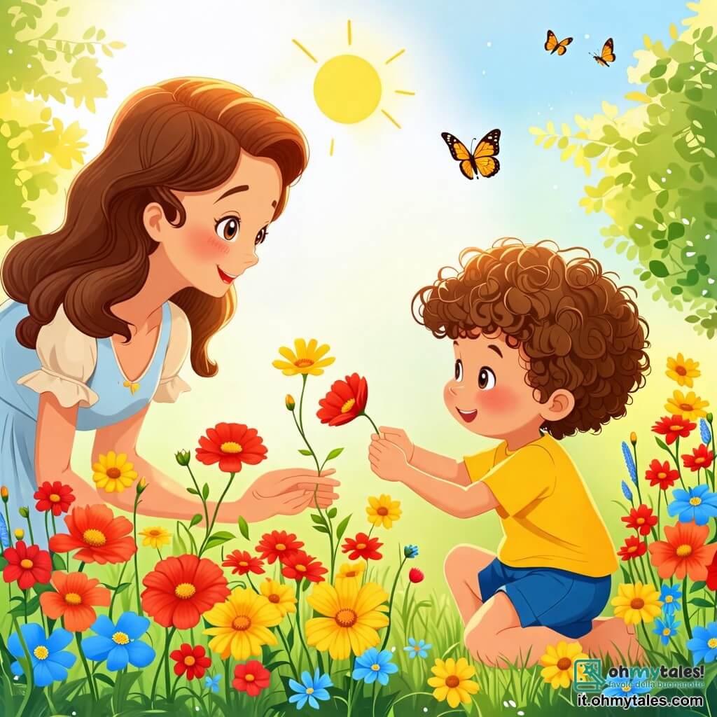 Une illustration sous forme de dessin destinée aux enfants représentant un jardin printanier vibrant de couleurs, avec des fleurs rouges, jaunes et bleues épanouies sous un ciel ensoleillé, où un petit garçon de 2 ans aux cheveux bouclés et aux yeux pétillants, vêtu d'un t-shirt jaune et d'un short bleu, s'agenouille pour toucher un doux pétale de fleur, tandis qu'une maman souriante aux cheveux longs et bruns, portant une robe légère, l'observe avec tendresse, et une farfalle colorée virevolte autour d'eux, symbolisant la joie et la beauté de la saison.