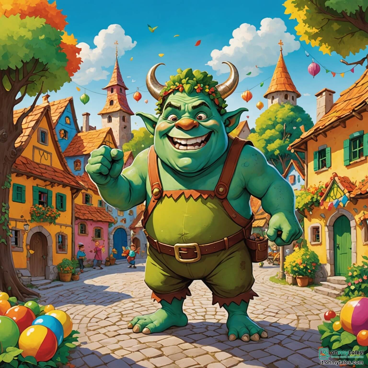 Une illustration destinée aux enfants représentant un ogre joyeux, avec une peau verte éclatante et des yeux pétillants de malice, qui se tient au centre d'un village coloré appelé Sogni d’Oro, où des arbres aux feuilles multicolores dansent au rythme du vent et où des maisons en bonbons aux toits en sucre filé scintillent sous le soleil, tandis qu'il organise une compétition de barzellette entouré de ses amis, des petits Puffi-puffi bleus aux oreilles en forme de feuilles, tous joyeux et rieurs, et d'un immense éléphant volant aux lunettes de soleil, qui virevoltent dans le ciel azur, créant une atmosphère de fête et de rires contagieux.