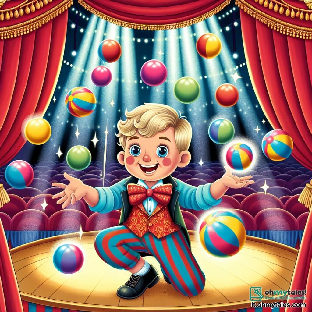 Une illustration destinée aux enfants représentant un jeune garçon enthousiaste jonglant avec des balles colorées, sous le regard bienveillant d'un magicien mystérieux, au cœur d'un grand chapiteau de cirque aux tentures rouges et ornementées, illuminé par des projecteurs scintillants.