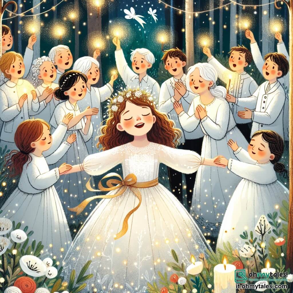 Une illustration destinée aux enfants représentant une fillette aux boucles brunes émerveillée par une fête d'anniversaire magique, entourée d'amis et de membres de sa famille, dans un jardin enchanté illuminé par des lucioles scintillantes.
