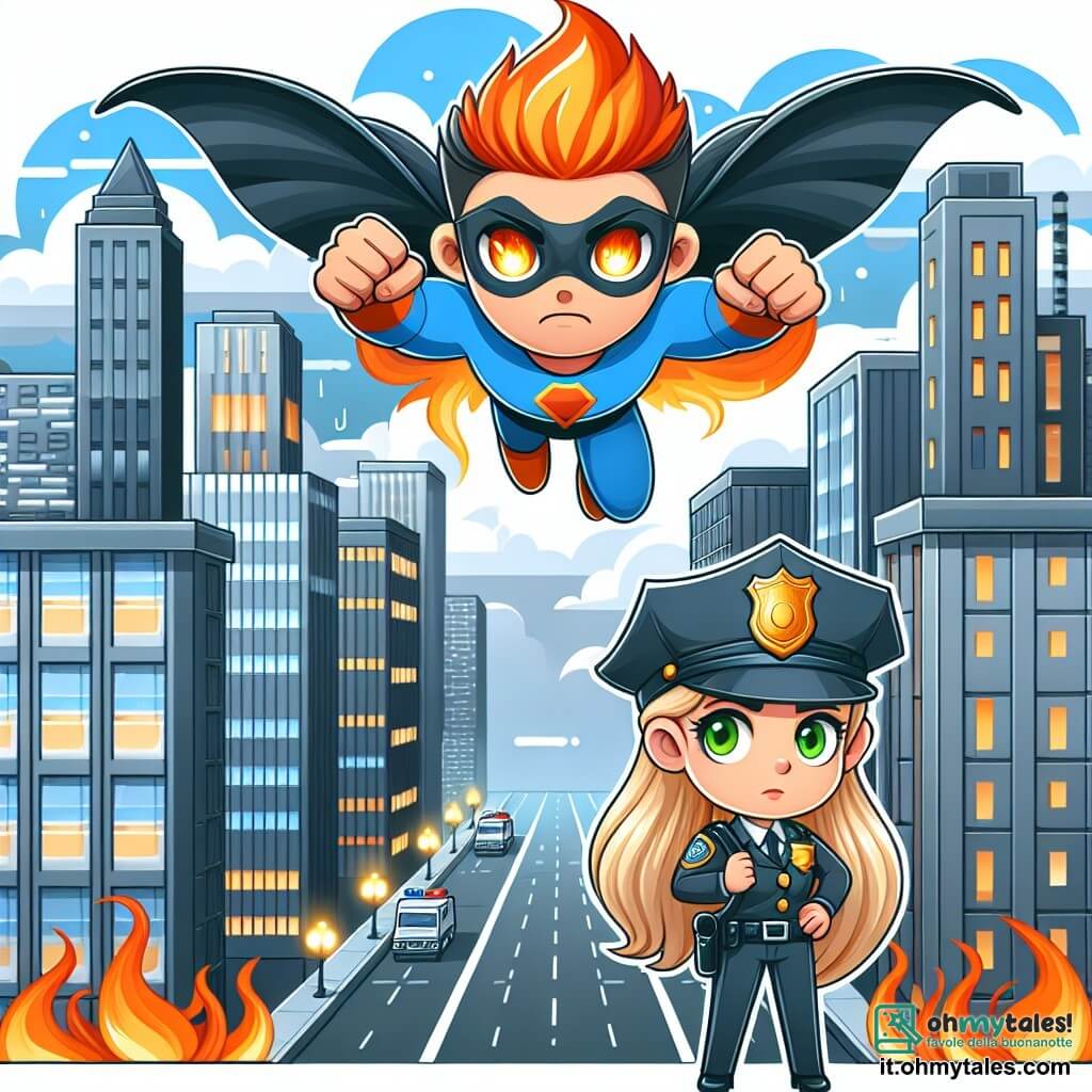 Une illustration destinée aux enfants représentant un super-héros au regard flamboyant, volant au-dessus des gratte-ciels d'une ville animée, accompagné d'une policière déterminée aux cheveux blonds et aux yeux verts, dans un décor urbain aux rues étroites et aux bâtiments imposants.