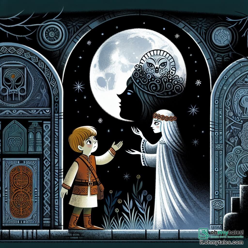 Une illustration destinée aux enfants représentant un garçon curieux et courageux, confronté à la disparition de la lune, accompagné d'une mystérieuse reine des ombres, dans un royaume sombre et enchanteur orné de portes de pierre et de symboles anciens.