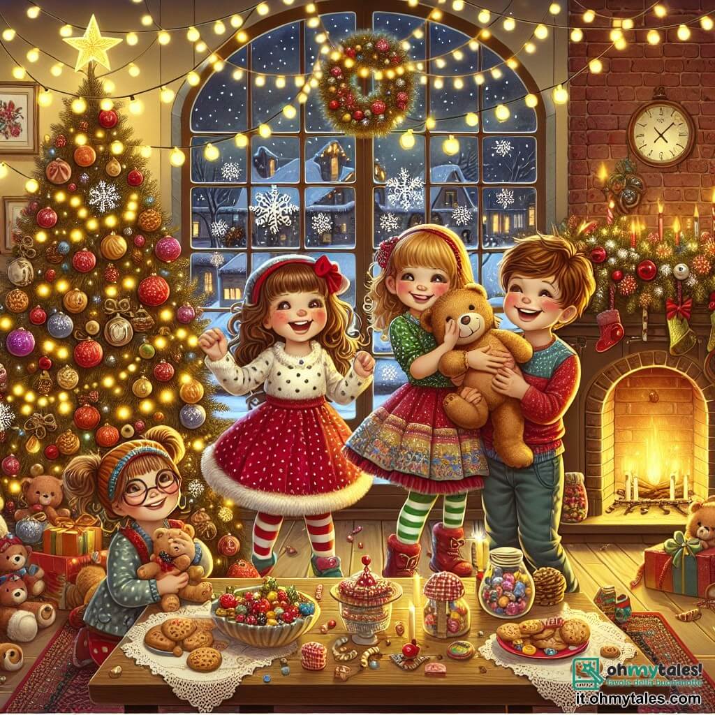Illustrazione che rappresenta una calda scena di Natale in un soggiorno decorato. La parete è adornata con ghirlande luminose scintillanti e un grande albero di Natale troneggia in un angolo, coperto di palline colorate e con una stella dorata in cima. Il camino in mattoni rossi crepita dolcemente, proiettando una luce dorata nella stanza. Al centro della scena, quattro bambini sono riuniti. Due ragazze, di circa otto anni, stanno danzando gioiosamente. Una ha lunghi capelli castani e indossa un vestito rosso a pois bianchi, mentre l'altra ha capelli biondi e indossa una gonna a volant colorata. Accanto a loro, un ragazzo di circa nove anni, con capelli castani e occhiali, sorride tenendo un piccolo orsetto di peluche. Infine, una bambina di sei anni, con capelli ricci e un sorriso radioso, stringe il suo orsetto contro di sé. La scena principale mostra i bambini che celebrano insieme, pieni di gioia ed eccitazione, circondati da deliziosi dolcetti natalizi sulla tavola, come biscotti decorati e un grande piatto di caramelle. Fiocchi di neve cadono dolcemente fuori dalla finestra, aggiungendo un tocco magico a questa scena festiva.
