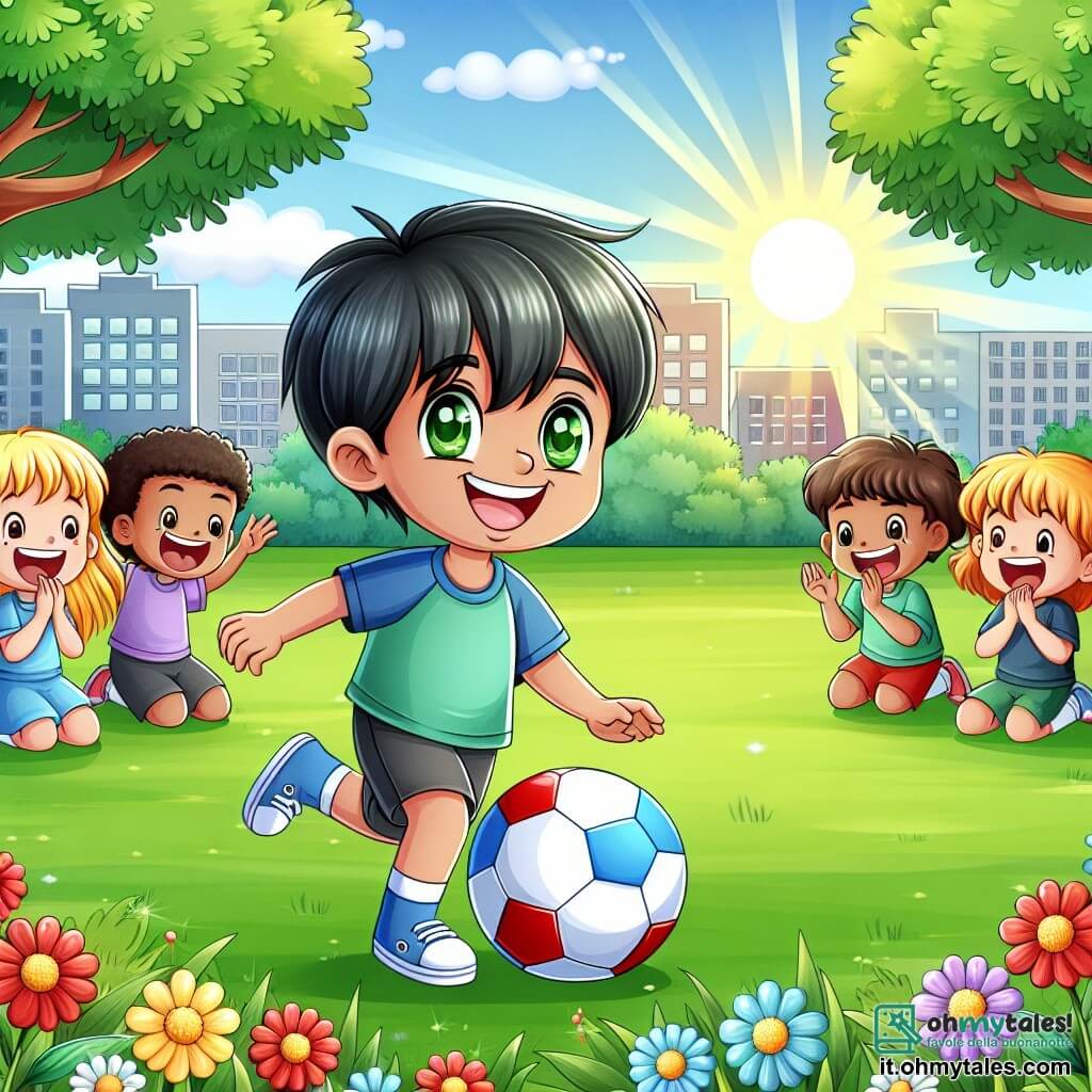 Une illustration sous forme de dessin destinée aux enfants représentant un parc ensoleillé avec des arbres verdoyants et des fleurs colorées, où un garçon de 7 ans aux cheveux noirs et aux yeux verts, souriant et plein d'énergie, joue au football avec un nouveau ballon rouge et bleu, entouré de ses amis : une fille aux cheveux blonds qui rit et un garçon aux cheveux bruns qui applaudit, tandis qu'un autre garçon aux cheveux châtains, assis sur l'herbe, semble triste, illustrant la solidarité et l'amitié au milieu des défis de la vie.