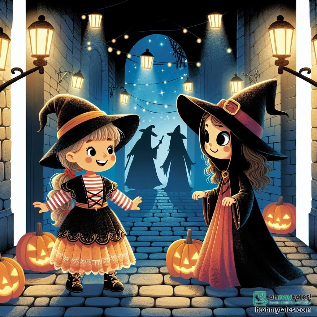 Une illustration destinée aux enfants représentant une jeune fille déguisée en sorcière, faisant face à une mystérieuse sorcière dans un vicolo sombre et étroit, illuminé par des lanternes vacillantes, lors de la veille d'Halloween.