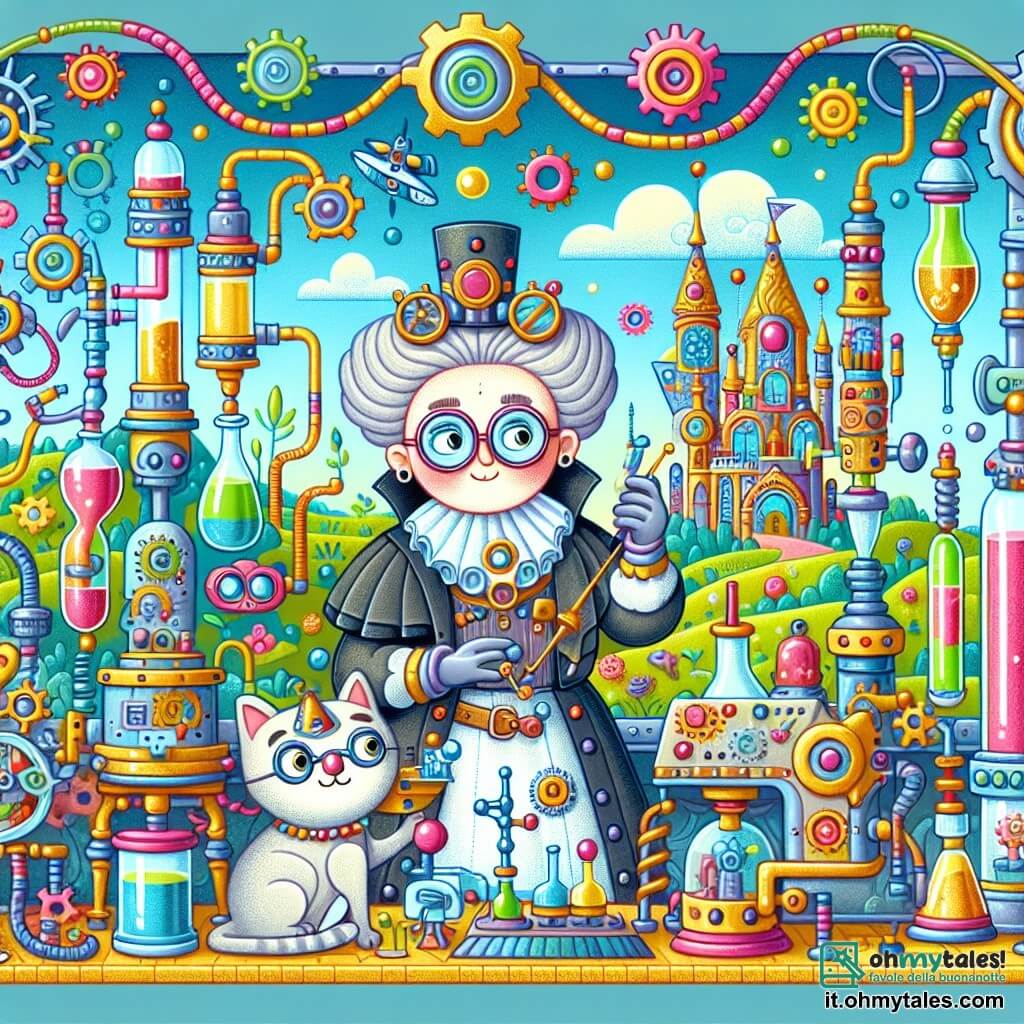 Une illustration destinée aux enfants représentant une inventrice excentrique dans son laboratoire secret, accompagnée de son fidèle robot en forme de chat, entourée de tubes colorés, d'engrenages brillants et de machines étranges, dans un royaume de Fantasia aux couleurs vives et aux paysages féeriques.