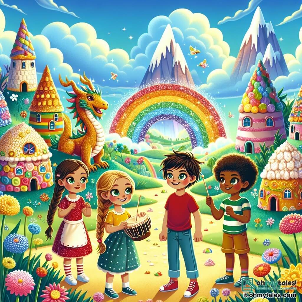 Illustrazione che rappresenta una scena magica in un mondo di meraviglie. Al centro, un villaggio fiabesco fatto di case in marzapane e zucchero filato, circondato da fiori multicolori dai petali scintillanti. Sullo sfondo, montagne arcobaleno si ergono maestose sotto un cielo blu brillante punteggiato di nuvole soffici. Quattro giovani avventurieri si trovano in primo piano: un ragazzo di otto anni con capelli castani disordinati e occhi scintillanti di curiosità, indossa una maglietta rossa e pantaloni corti di jeans, guarda con meraviglia un drago di zucchero scintillante. Accanto a lui, una ragazza di sette anni con lunghi capelli biondi intrecciati e un vestito a pois, sorride gioiosamente mentre tiene un tamburo fatto di foglie. Un altro ragazzo, di otto anni, con occhiali e capelli neri, suona una melodia dolce su una flauto improvvisato, mentre un ragazzo di nove anni, con capelli castani e un cappellino, osserva attentamente il drago. La scena principale mostra i bambini, affascinati e uniti, che suonano musica per calmare il drago di zucchero che, sebbene grande e maestoso, ha uno sguardo curioso e benevolo. Lampi di luce emanano dal drago, illuminando la scena con un'atmosfera calda e magica. Creature alati, simili a fate, volano attorno a loro, aggiungendo un tocco di magia a questa avventura incantata.