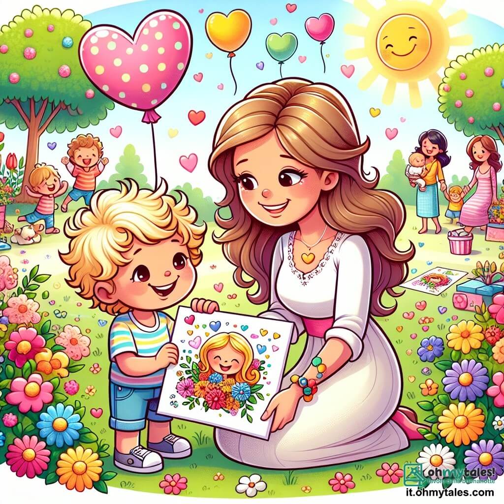 Illustrazione che rappresenta un parco soleggiato, pieno di fiori colorati e palloncini che fluttuano nell'aria. Al centro, un bambino di 3 anni con capelli biondi ricci e occhi scintillanti, sorride gioiosamente. Tiene un disegno colorato tra le mani, che rappresenta sua mamma con un grande sorriso. Accanto a lui, una donna di circa trent'anni, con lunghi capelli castani e un sorriso caloroso, si inginocchia per ammirare il disegno del figlio. Indossa un vestito leggero e un braccialetto colorato. Sullo sfondo, famiglie si divertono, bambini giocano e mamme ridono, creando un'atmosfera festosa e gioiosa. Palloncini a forma di cuore fluttuano intorno, aggiungendo un tocco di magia a questa scena della festa della mamma.
