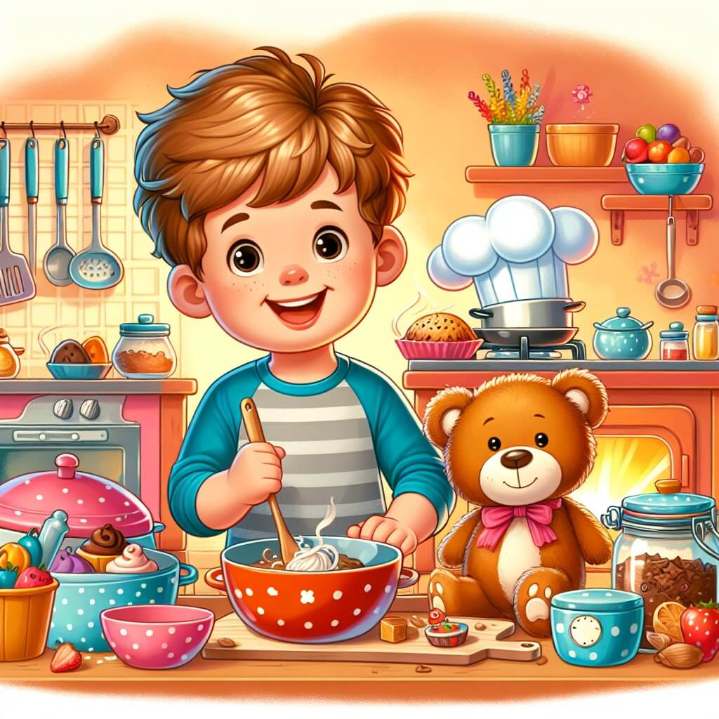 Une illustration destinée aux enfants représentant un jeune garçon plein d'enthousiasme préparant une surprise pour la fête des mères, accompagné de son fidèle ami peluche, dans une cuisine chaleureuse et colorée remplie d'ustensiles de cuisine et de délicieuses odeurs.