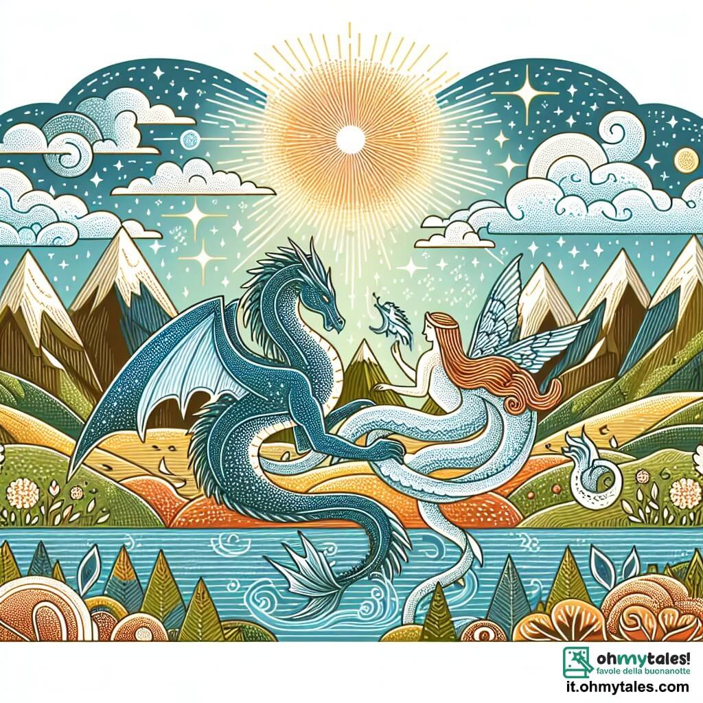 Une illustration destinée aux enfants représentant un majestueux dragon aux écailles chatoyantes, faisant équipe avec une créature mystérieuse, dans un paysage enchanteur où les montagnes embrassent les cieux et les rivières scintillent sous la lumière du soleil.