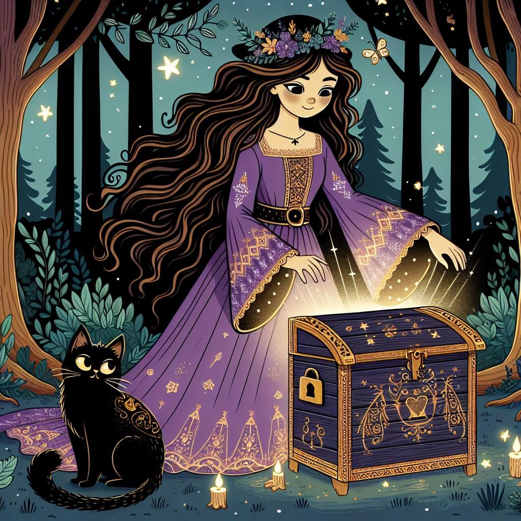 Une illustration destinée aux enfants représentant une sorcière aux longs cheveux ondulants, vêtue d'une robe violette ornée de motifs dorés, découvrant un mystérieux coffre en bois gravé de symboles magiques dans une forêt enchantée, accompagnée de son fidèle compagnon, un chat noir aux yeux brillants, tandis que des lucioles dansent autour d'eux et des arbres majestueux se dressent en arrière-plan.