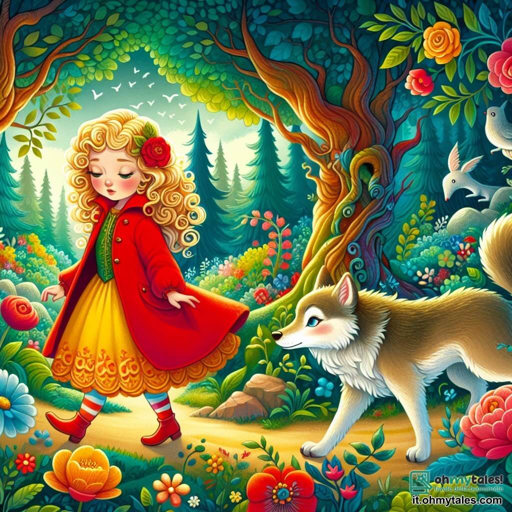 Une illustration destinée aux enfants représentant une jeune fille aux boucles d'or et au manteau écarlate, se promenant dans une forêt enchantée peuplée de créatures magiques, accompagnée d'un loup sage et bienveillant, au milieu de fleurs colorées et d'arbres majestueux, dans un monde féerique rempli de merveilles.