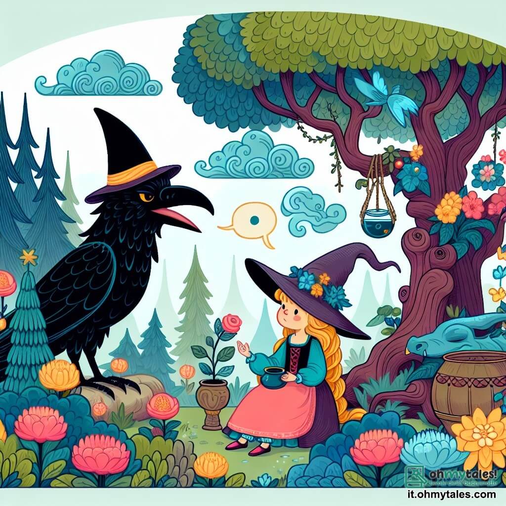 Une illustration destinée aux enfants représentant une fillette portant un cappello magique, en train de parler à un corbeau parlant, dans un jardin enchanté avec des fleurs multicolores, des arbres millénaires et un dragon endormi, entourés de nuages ​​douillets.