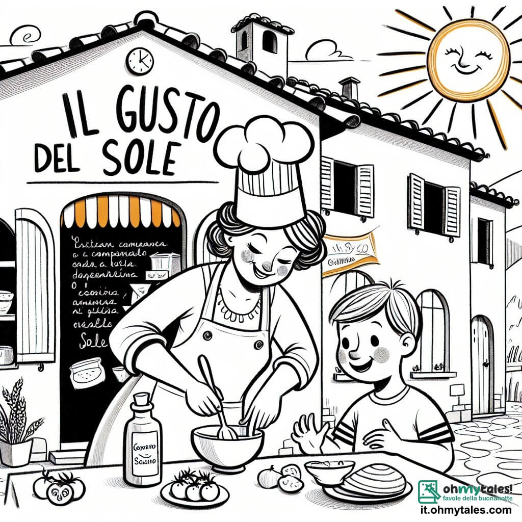 Une illustration destinée aux enfants représentant une chef cuisinière femme, accompagnée d'un petit garçon curieux, préparant des plats délicieux dans un restaurant chaleureux et ensoleillé appelé "Il Gusto del Sole" dans la paisible ville de Campagnola.