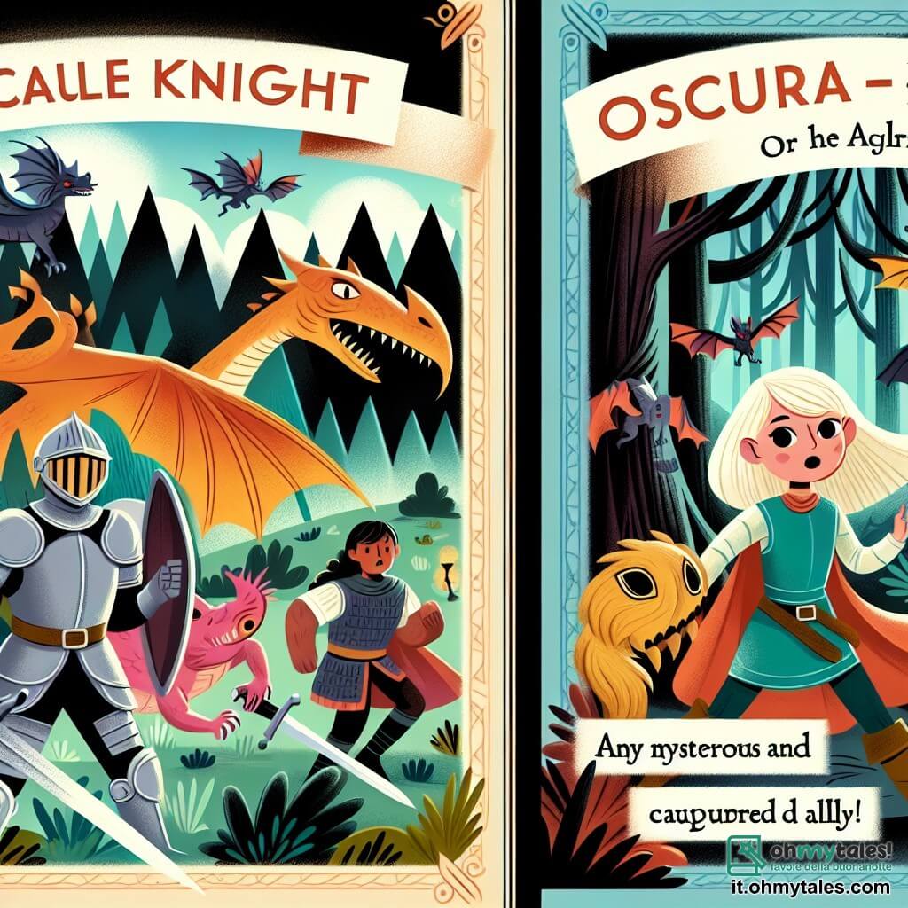 Une illustration destinée aux enfants représentant une chevalière courageuse, un dragon redoutable, et la mystérieuse et dangereuse Forêt Oscura, où se déroule l'aventure palpitante de la chevalière pour sauver un allié capturé.