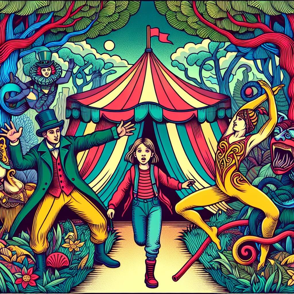 Une illustration destinée aux enfants représentant une jeune fille intrépide qui découvre un cirque coloré dans un parc enchanteur, avec un contorsioniste mystérieux pour l'accompagner dans ses aventures.