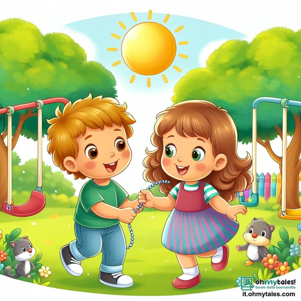 Une illustration destinée aux enfants représentant une petite fille curieuse, une situation de jeu et d'entraide avec un garçon joyeux et un parc ensoleillé avec des arbres verts et des balançoires colorées.