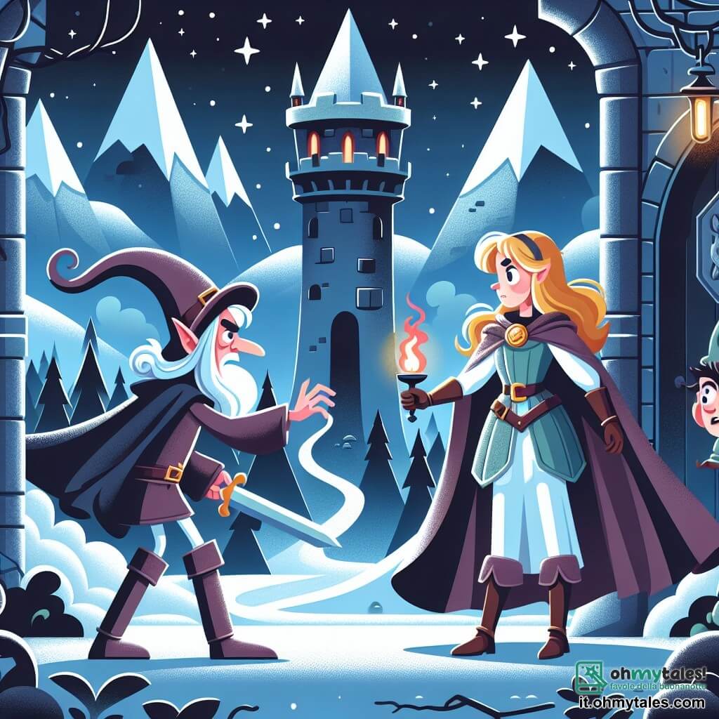 Une illustration destinée aux enfants représentant une chevalière courageuse affrontant un stregone maléfique avec l'aide d'un folletto amical, dans une tour sombre entourée de montagnes enneigées et de forêts mystérieuses.