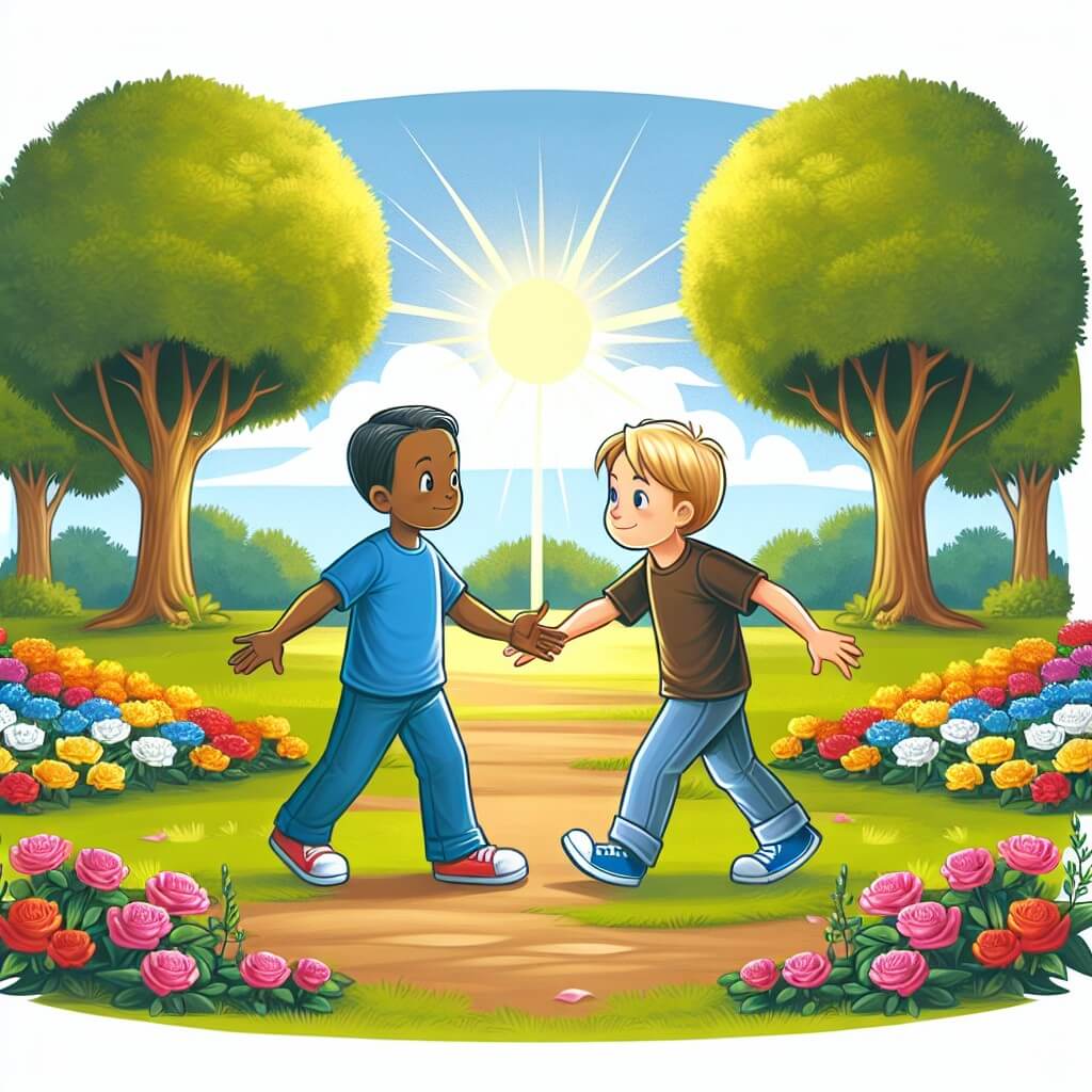Une illustration destinée aux enfants représentant un jeune garçon courageux qui défend son nouvel ami contre le racisme, dans un parc ensoleillé entouré de magnifiques arbres verts et de fleurs colorées.
