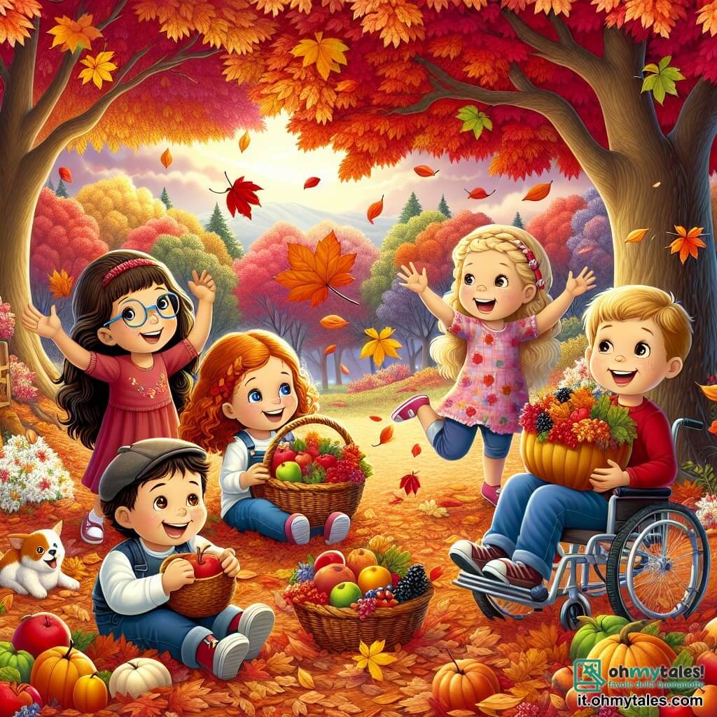 Illustrazione che rappresenta una bella foresta in autunno, con alberi maestosi dalle foglie infuocate di colori rosso, arancione e giallo. Il terreno è coperto da un tappeto di foglie secche che scricchiolano sotto i passi. Al centro della scena, quattro bambini sono riuniti attorno a un grande albero, decorato con foglie colorate e frutti. C'è una ragazza di circa 8 anni, con lunghi capelli castani e occhiali, che sorride felicemente tenendo una grande foglia gialla. Accanto a lei, un ragazzo di 7 anni, con capelli biondi e ricci, salta in un mucchio di foglie con un grande sorriso. Un altro ragazzo, di circa 9 anni, con capelli castani e un cappellino, è seduto su una sedia a rotelle, tiene un cestino pieno di bacche e guarda i suoi amici con un'espressione felice. Infine, una ragazza di 6 anni, con trecce e un vestito rosso, raccoglie frutti da terra, gli occhi brillanti di eccitazione. La scena cattura lo spirito di amicizia e gioia, con risate e chiacchiere, mentre preparano una festa d'autunno. Sullo sfondo, il cielo è tinto di rosa e arancione, annunciando il tramonto, mentre gli uccelli volano sopra gli alberi. Elementi aggiuntivi come castagne, mele e ghirlande di foglie sono sparsi intorno a loro, contribuendo all'atmosfera festiva di questa bella giornata autunnale.