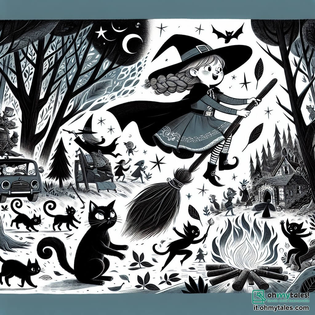 Une illustration destinée aux enfants représentant une apprentie sorcière espiègle et désordonnée, accompagnée de son chat noir transformé en balai volant, traversant la forêt enchantée avec des arbres parlants et des follets dansant autour d'un feu magique.