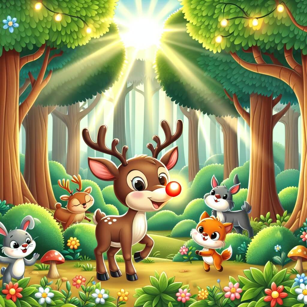 Une illustration destinée aux enfants représentant un renne au nez brillant, se retrouvant dans une aventure hilarante avec ses amis animaux, dans une forêt enchantée remplie d'arbres majestueux, de fleurs colorées et de rayons de soleil qui filtrent à travers les feuilles.