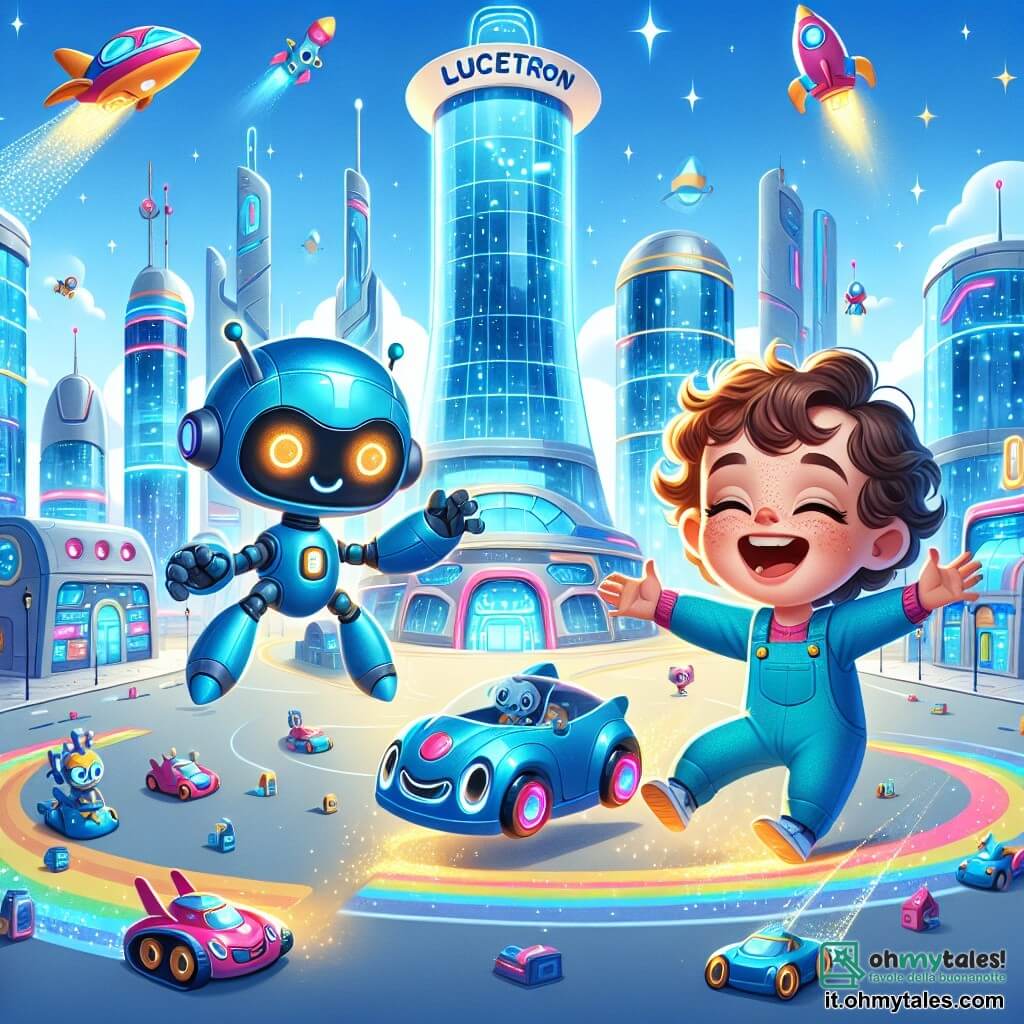 Une illustration sous forme de dessin destinée aux enfants représentant une ville futuriste lumineuse de Lucetron, avec des bâtiments scintillants en verre et des véhicules volants colorés dans un ciel bleu éclatant, où un petit garçon de 3 ans aux cheveux bouclés et aux yeux pétillants, vêtu d'une combinaison colorée, est en train de construire une voiture volante avec un robot amical de couleur bleue, aux bras articulés et au visage souriant, tandis qu'ils rient ensemble, entourés de jeux interactifs flottants et d'une atmosphère magique pleine de joie et d'aventure.
