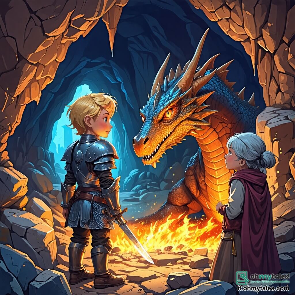 Une illustration sous forme de dessin destinée aux enfants représentant une caverne mystérieuse aux parois scintillantes de pierres précieuses, où un jeune chevalier aux cheveux blonds et aux yeux bleus, vêtu d'une armure brillante et brandissant une épée, fait face à un immense dragon aux écailles étincelantes et aux yeux flamboyants, tandis qu'une vieille femme au visage ridé et aux vêtements simples observe avec espoir, capturant le moment où le chevalier défie courageusement la créature pour protéger son village.