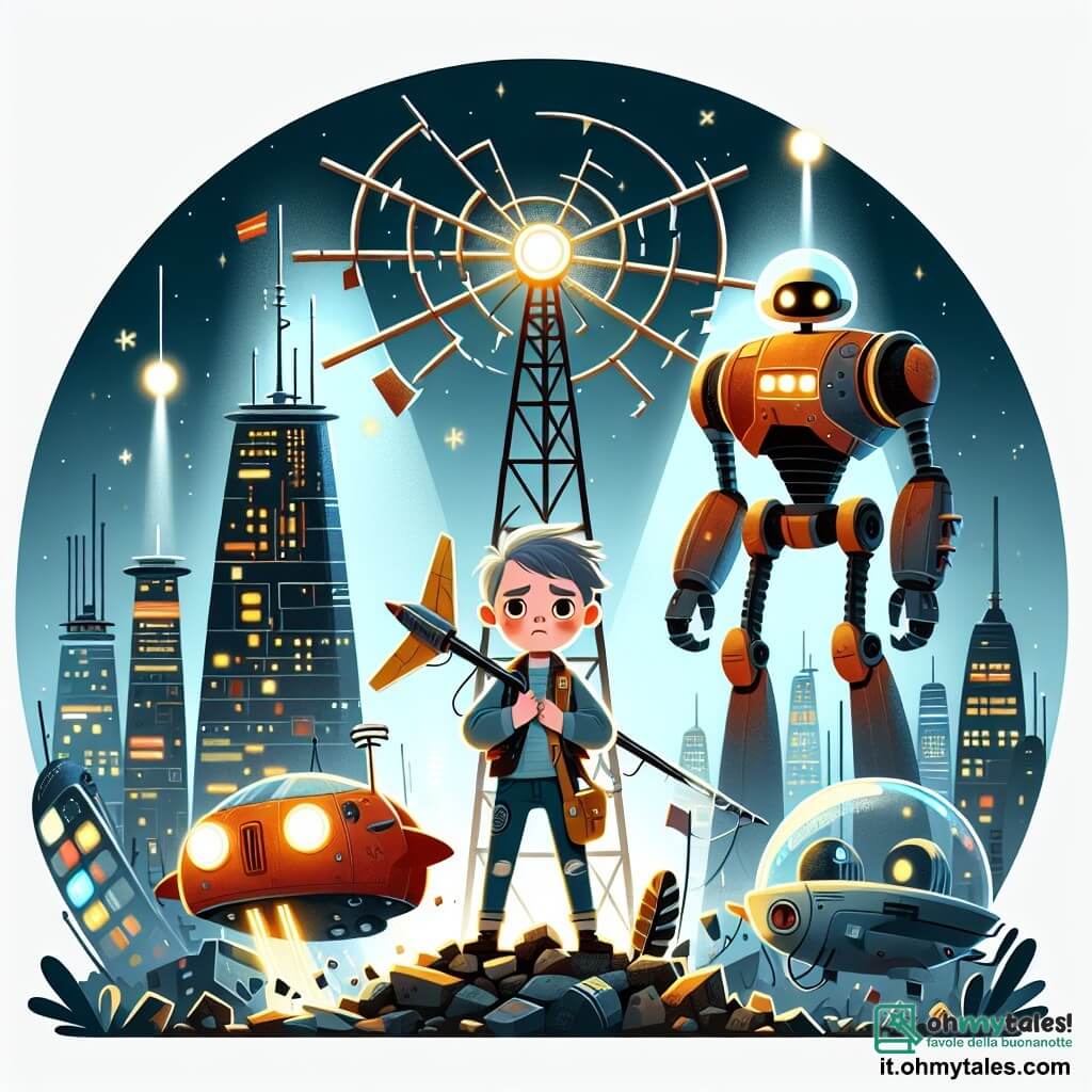 Une illustration destinée aux enfants représentant un garçon courageux, une antenne géante endommagée, un robot assistant futuriste et la ville futuriste de Lumina, avec ses gratte-ciels illuminés et ses voitures volantes.
