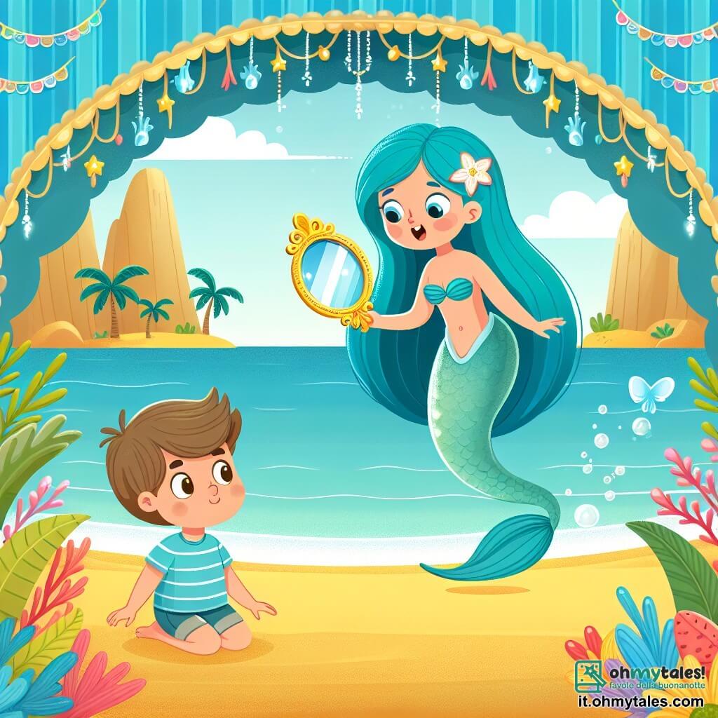 Une illustration destinée aux enfants représentant une sirène aux longs cheveux azzurri découvrant un miroir magique dans une grotte sous-marine, accompagnée d'un jeune garçon aux yeux écarquillés, sur une plage dorée bordée de palmiers et de fleurs multicolores.