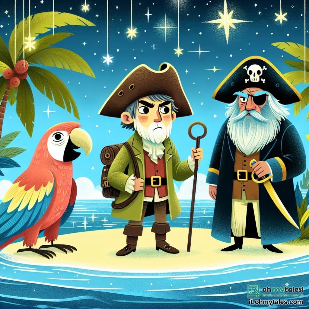 Une illustration destinée aux enfants représentant un explorateur intrépide, un pappagallo sage et un capitaine de pirates maléfique, sur une île luxuriante au cœur de l'océan scintillant.