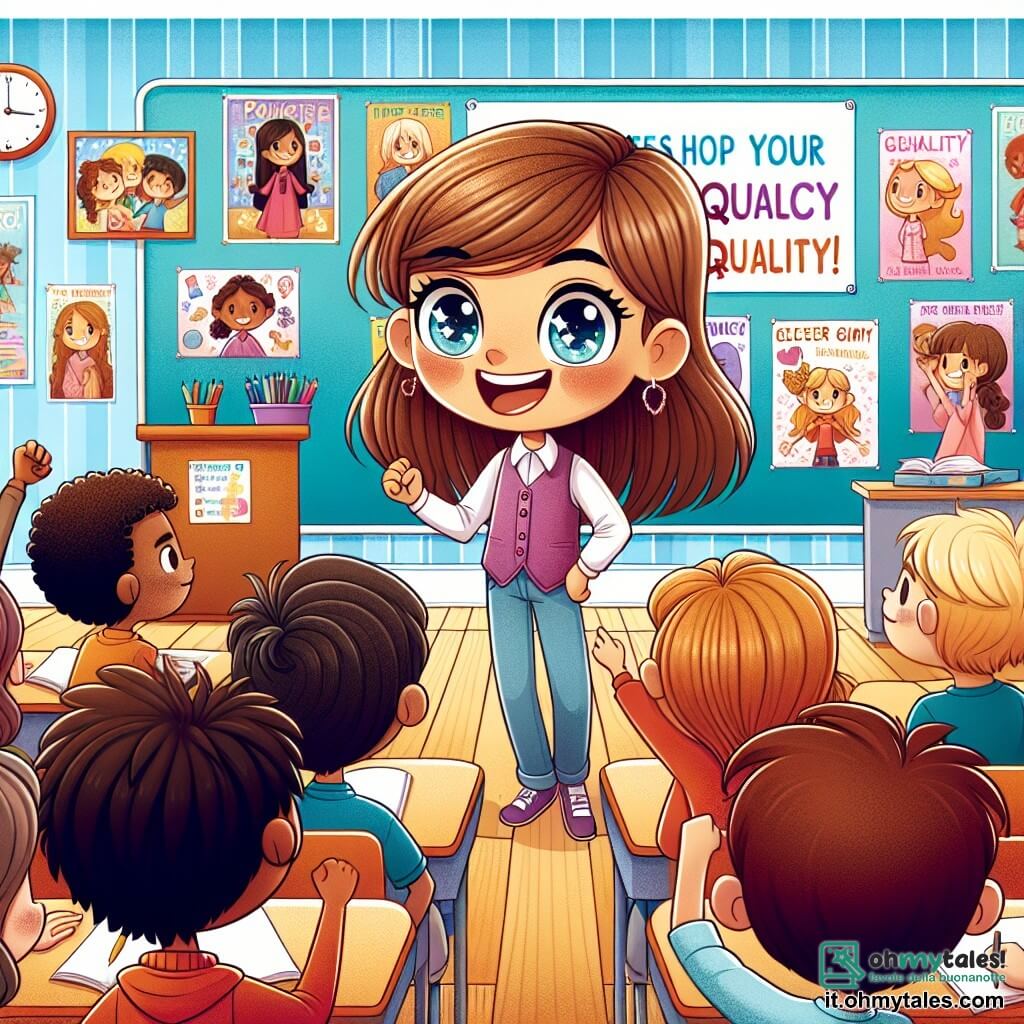Une illustration sous forme de dessin destinée aux enfants représentant une salle de classe colorée et accueillante, avec des murs décorés de posters sur l'égalité des genres, où une fille de 11 ans aux longs cheveux bruns et aux yeux pétillants, souriante et pleine d'énergie, se tient debout devant ses camarades, expliquant avec passion l'importance de l'égalité, tandis qu'un groupe de garçons et de filles, aux cheveux blonds et châtains, écoute attentivement, certains prenant des notes et d'autres levant la main pour poser des questions, illustrant ainsi un moment clé de la discussion sur l'égalité des genres.