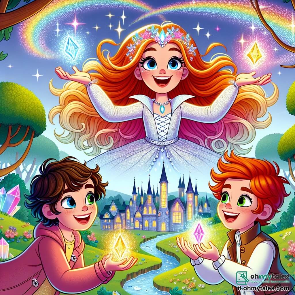 Une illustration sous forme de dessin destinée aux enfants représentant un parc enchanté de Cristalville, avec des arbres aux feuilles scintillantes et des bâtiments en cristal brillant en arrière-plan ; au centre, une super-héroïne aux longs cheveux colorés comme un arc-en-ciel, portant un costume étincelant, souriante et en train de voler au-dessus d'un groupe de trois enfants : une fille aux cheveux bruns et aux yeux pétillants, faisant danser des gouttes d'eau autour d'elle, un garçon avec des cheveux roux et un manteau trop grand, créant des petites flammes dans ses mains, et une autre fille aux cheveux blonds, faisant souffler une douce brise, tous unis dans un moment de camaraderie et de détermination pour protéger leur ville d'une menace mystérieuse.