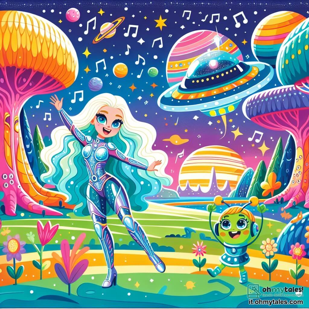 Une illustration sous forme de dessin destinée aux enfants représentant un paysage extraterrestre coloré avec des arbres géants aux troncs multicolores et des fleurs chantantes, au premier plan une jeune femme aux longs cheveux blonds et aux yeux azur, vêtue d'une combinaison spatiale brillante, dansant joyeusement avec un petit être vert aux grands yeux ronds et au sourire éclatant, tandis qu'en arrière-plan, l'Astronave Gioia scintille sous un ciel étoilé, illustrant l'instant magique où ils célèbrent leur amitié après une aventure spatiale inoubliable.