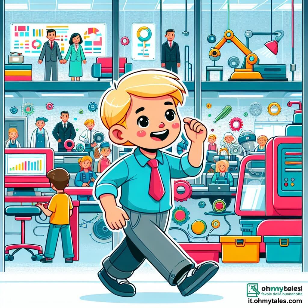Une illustration destinée aux enfants représentant un petit garçon curieux et énergique, découvrant les différents métiers des mamans et papas, dans un grand bureau lumineux avec des machines et des ordinateurs colorés.
