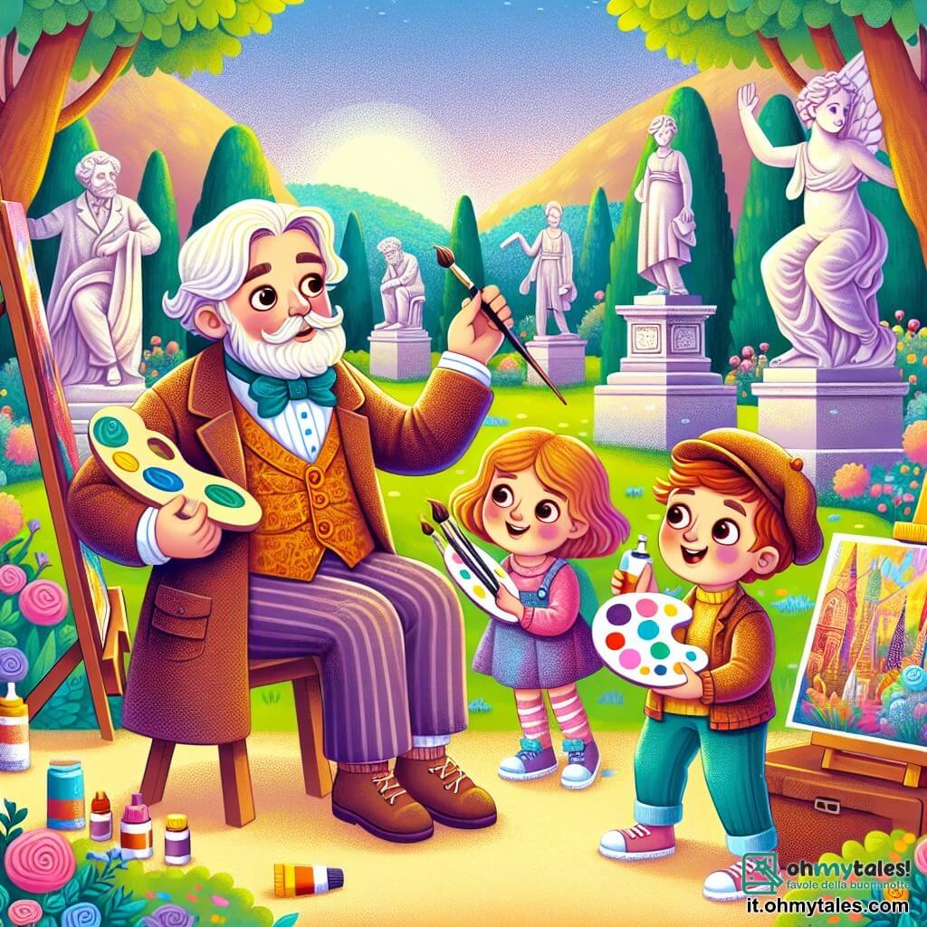 Une illustration destinée aux enfants représentant un artiste talentueux, entouré de deux enfants curieux, dans un parc coloré rempli de sculptures et de peintures magiques.