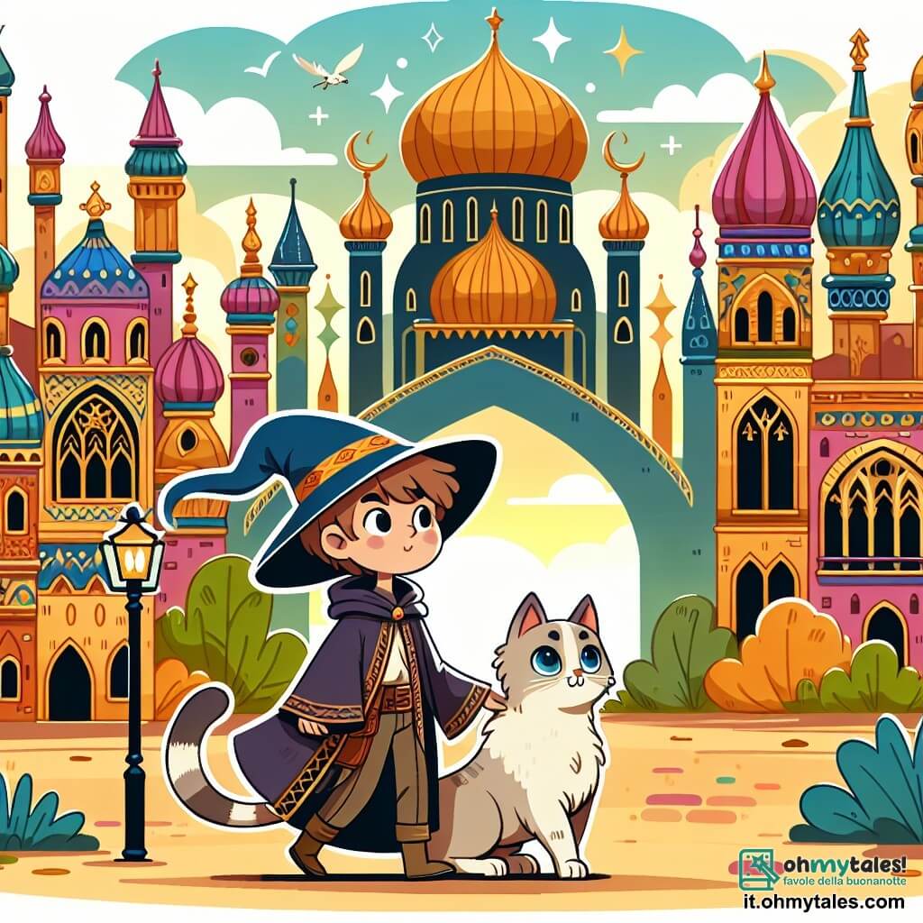 Une illustration destinée aux enfants représentant un jeune apprenti sorcier garçon, accompagné de son fidèle chat magique, explorant la magique et colorée ville d'Arcanum, en quête de l'ingrédient secret pour annuler un sortilège.