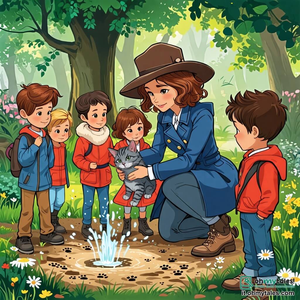 Une illustration sous forme de dessin destinée aux enfants représentant un parc verdoyant avec une fontaine scintillante au centre, où une femme détective aux cheveux bruns, portant un grand manteau bleu et un chapeau de feutre, examine attentivement des empreintes de pattes dans le sol boueux, entourée de plusieurs enfants curieux, dont une petite fille aux cheveux bouclés qui tient un chaton gris dans ses bras, tous regardant avec excitation et inquiétude la scène, alors qu'ils tentent de résoudre le mystère de la disparition du chat.