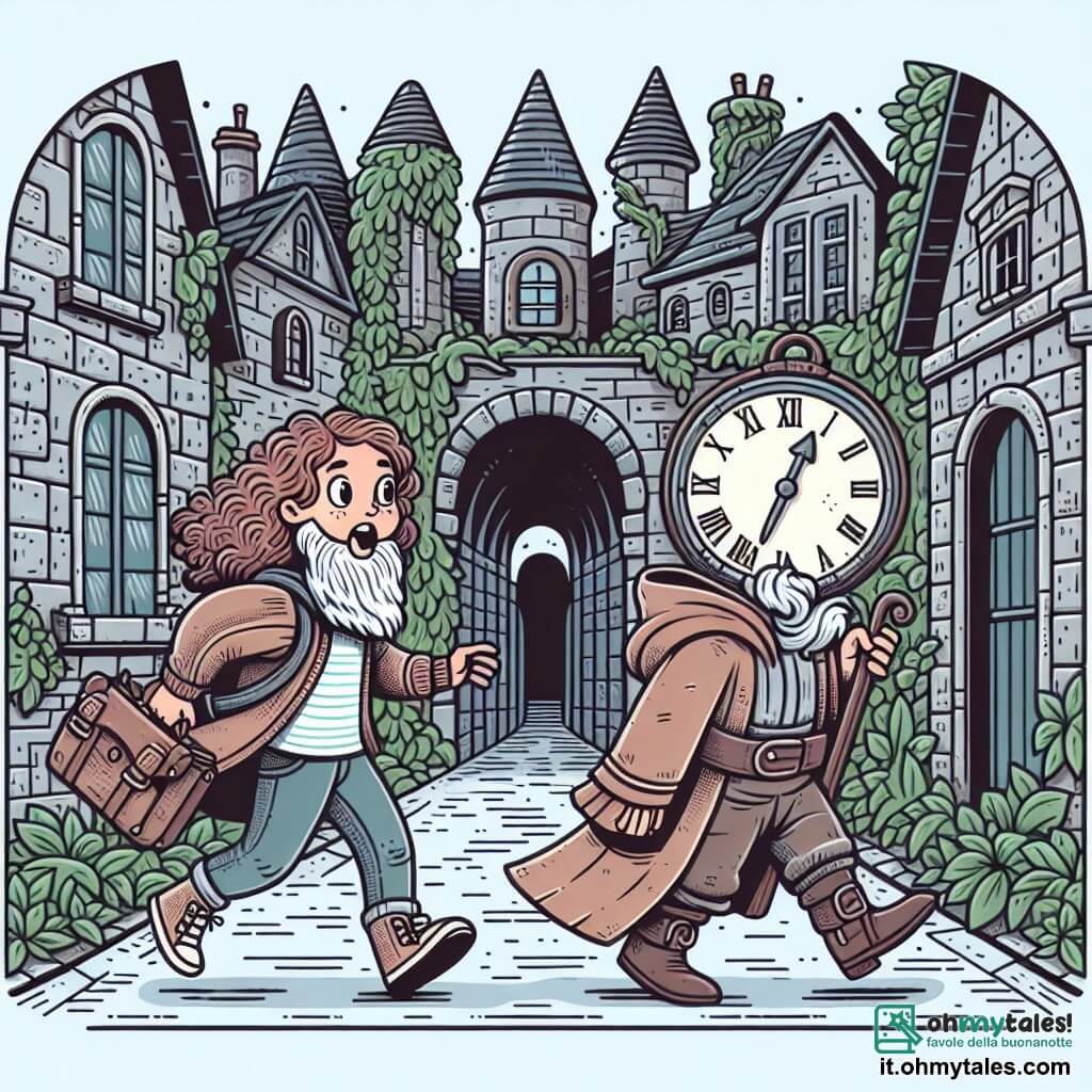 Une illustration destinée aux enfants représentant une fille aux cheveux bouclés, plongée dans une aventure temporelle, accompagnée d'un vieux sorcier barbu, dans une ville médiévale pavée de ruelles étroites et entourée de murs en pierre couverts de lierre.