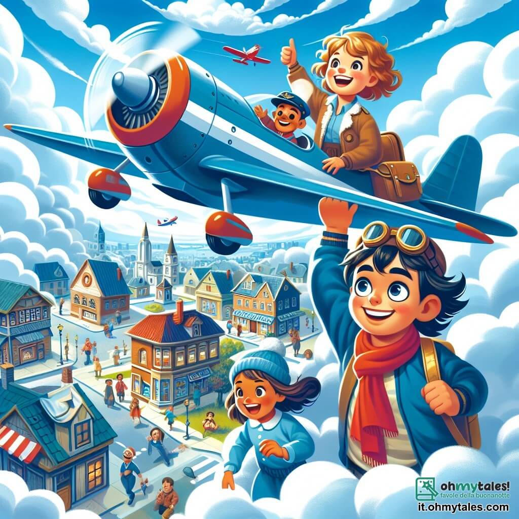 Une illustration destinée aux enfants représentant un pilote d'avion intrépide, accompagné de deux enfants curieux, volant à travers des nuages moelleux et un ciel azuré au-dessus d'une petite ville animée, dépeignant ainsi une aventure aérienne pleine d'émotions et de découvertes.