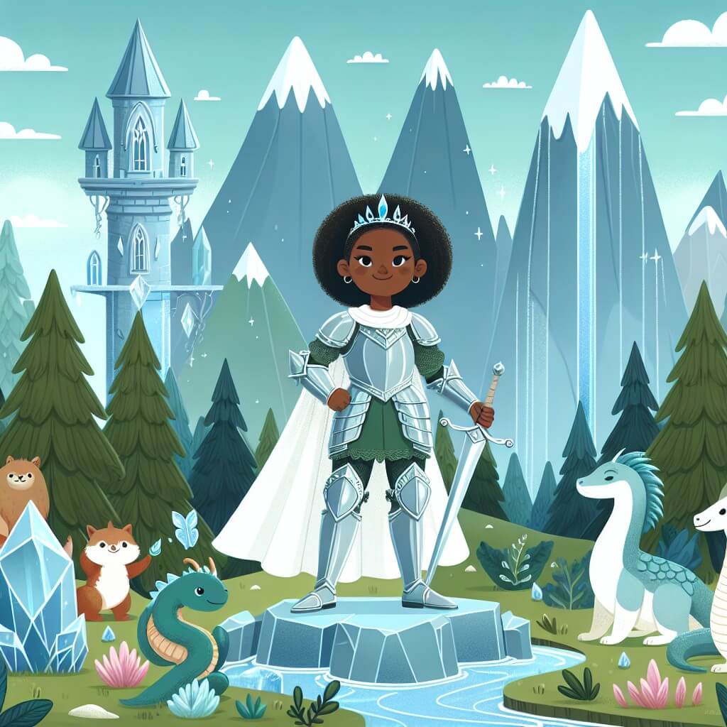 Une illustration destinée aux enfants représentant une femme courageuse, vêtue d'une armure étincelante, se tenant fièrement au sommet d'une tour de cristal, entourée de créatures fantastiques, dans un royaume enchanteur peuplé de forêts luxuriantes, de montagnes imposantes et de rivières scintillantes.